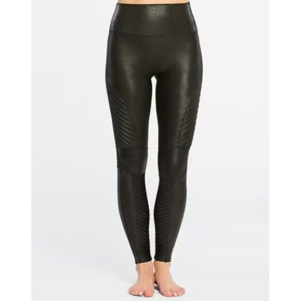 Spanx Women's Faux Leather Moto Leggings Pants Black Stretch Nylon Elastane Sz S - Picture 7 of 7